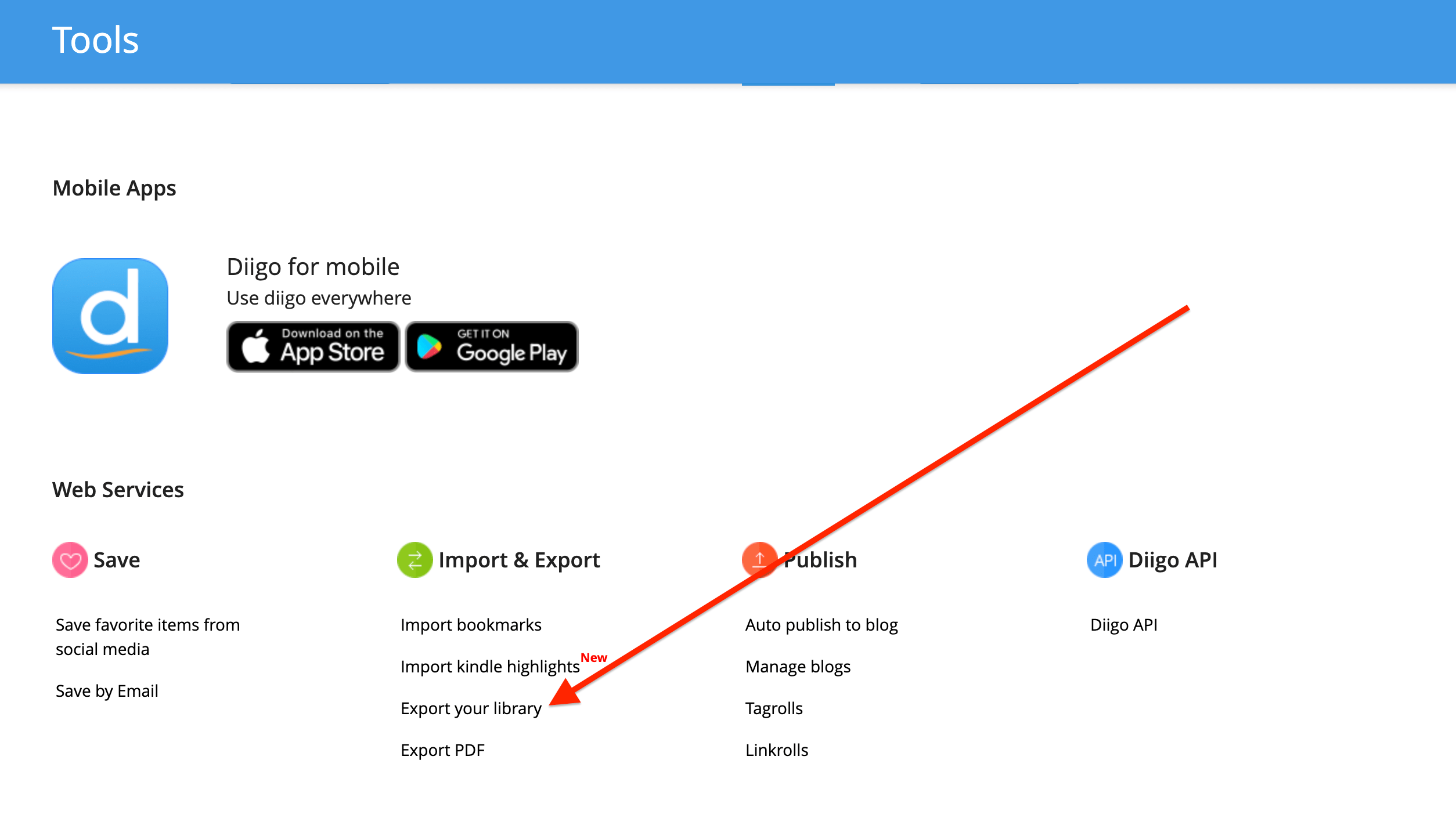 Tools > Export your library